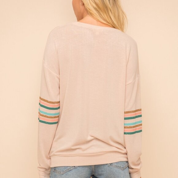 MYSTREE Striped Long Sleeve Crewneck Top, Blush Pink Retro Pullover - Picture 3 of 6